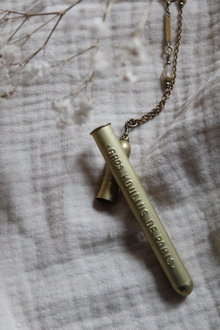 Tabito Long brass vintage brass needle case necklace