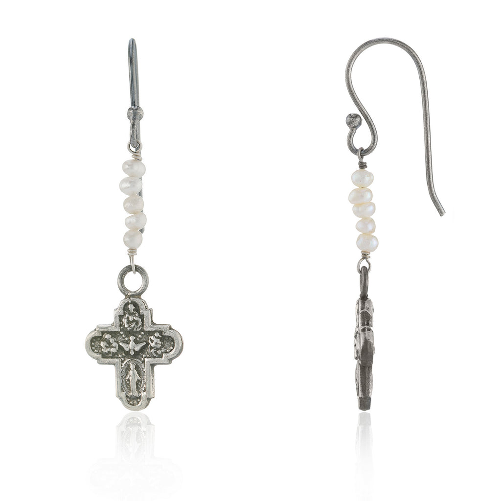 WDTS Tiny Cross and Pearl Drop Earrings