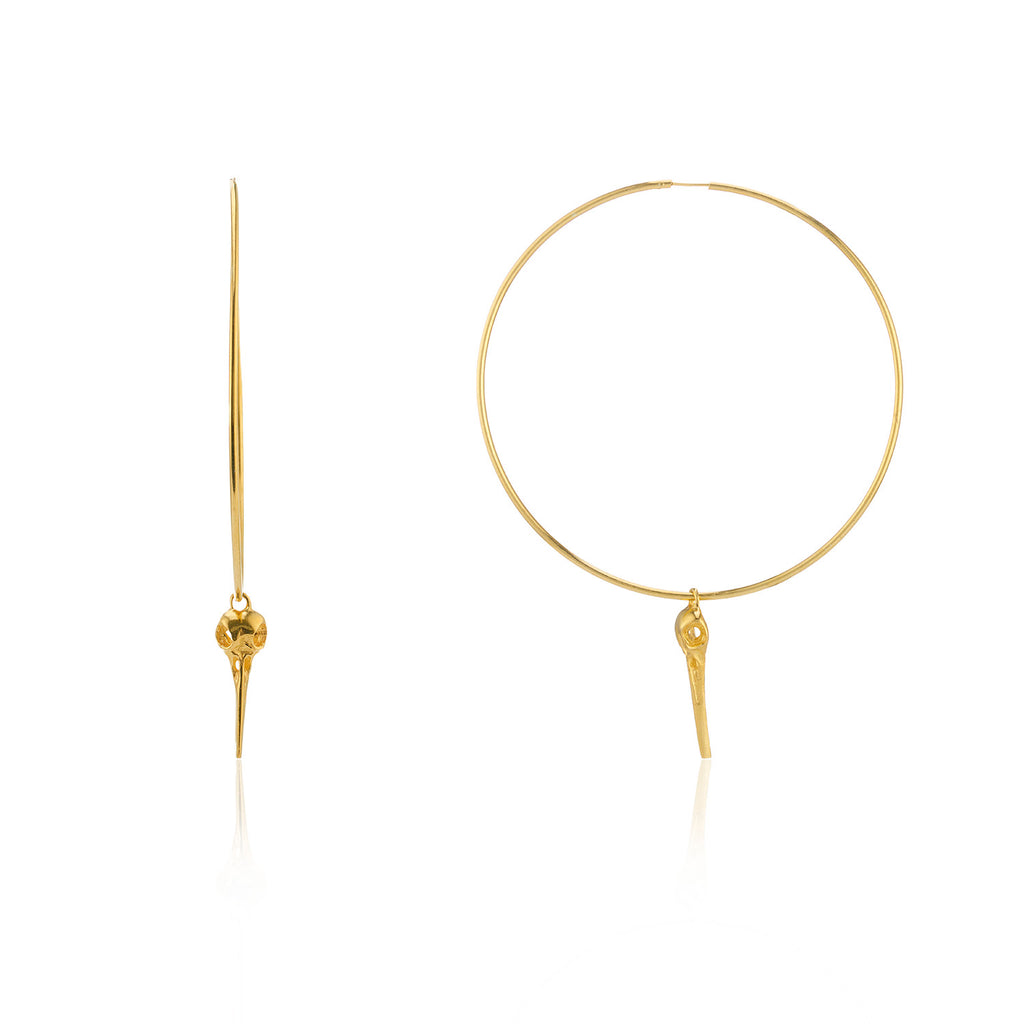 Bird Skull Large Hoop Earrings - Gold Plated