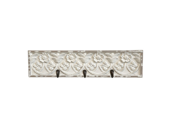 Coat rack w.decor & 3 hooks antique cream