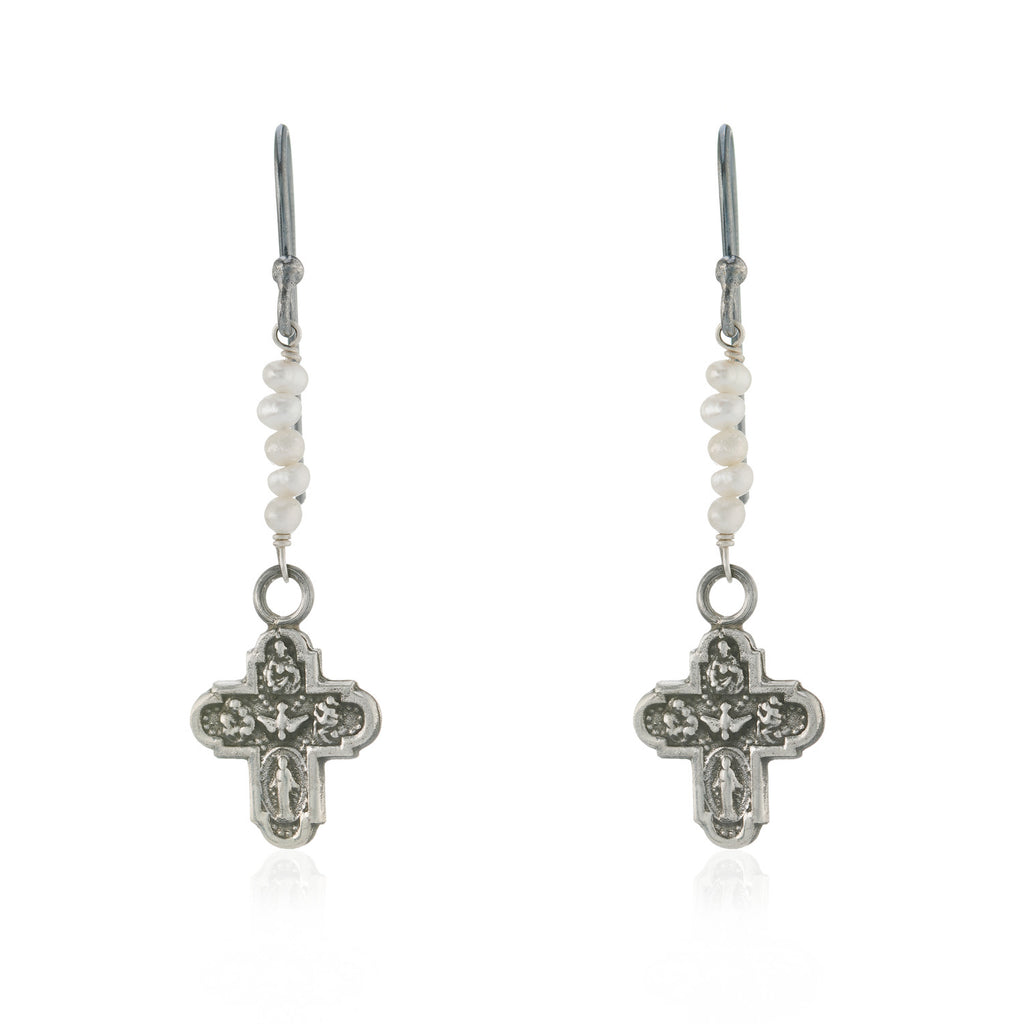 WDTS Tiny Cross and Pearl Drop Earrings