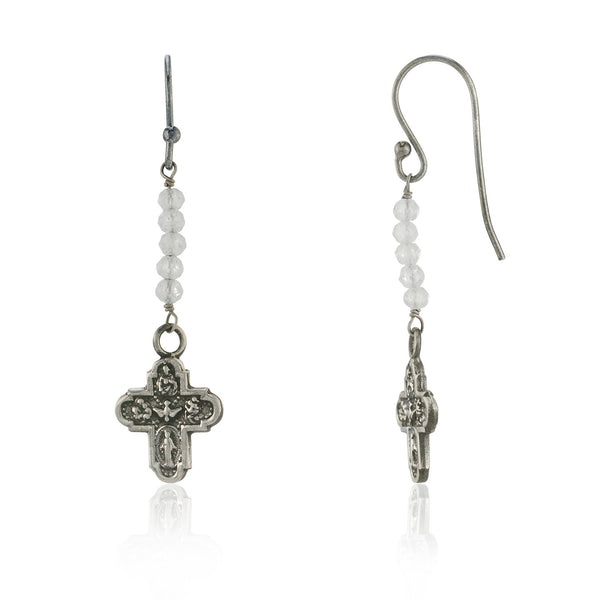 WDTS Tiny Cross and Moonstone Drop Earrings