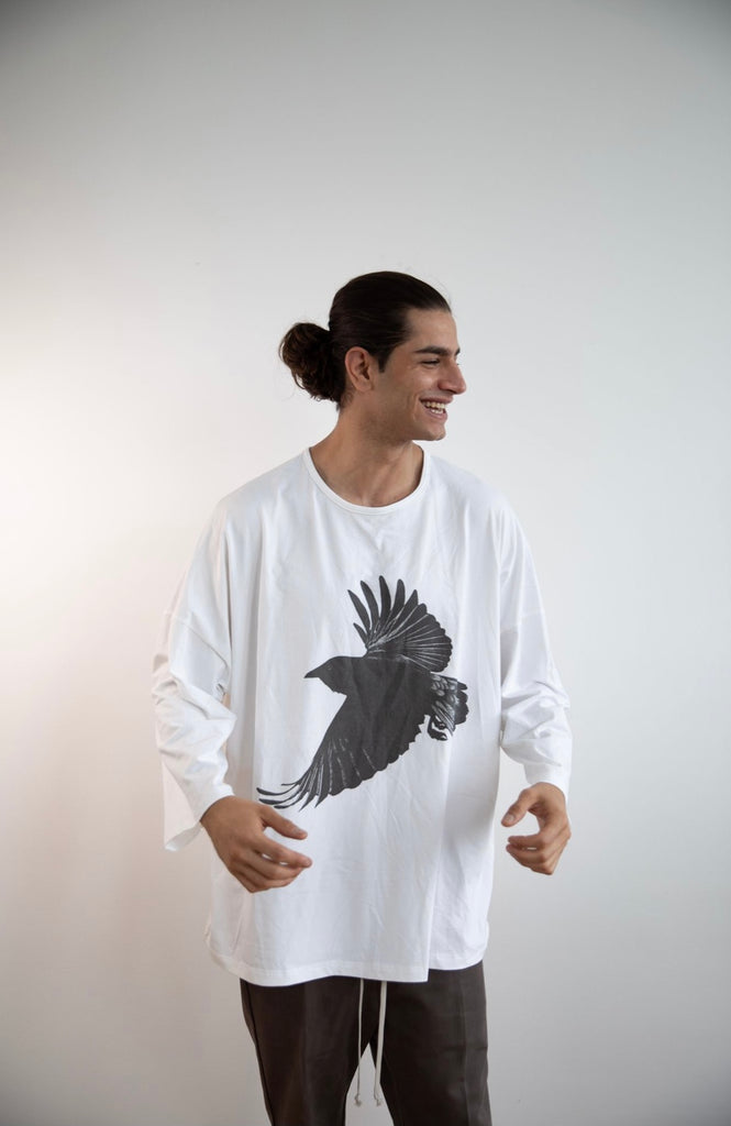 WDTS Asymmetric Oversized Jersey Heron Crow Print