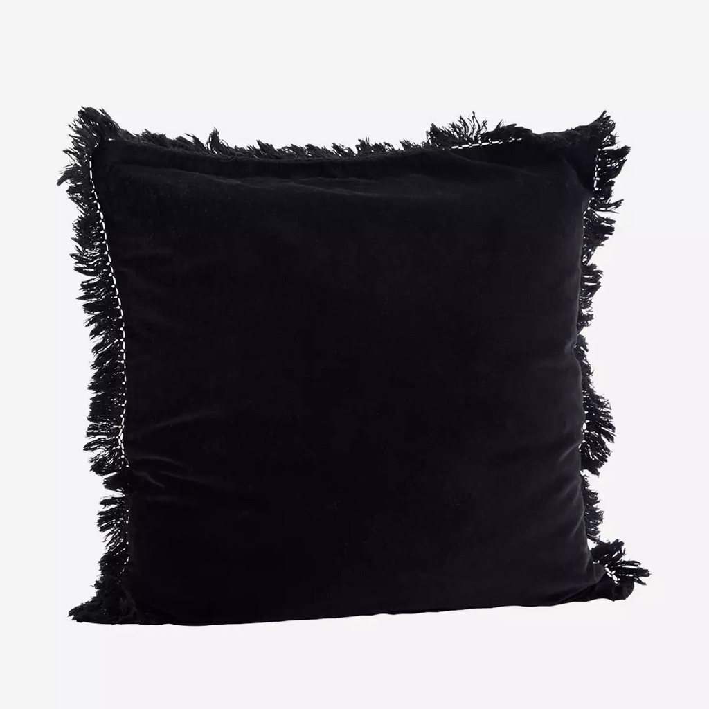 Velvet cushion cover w/fringes, black