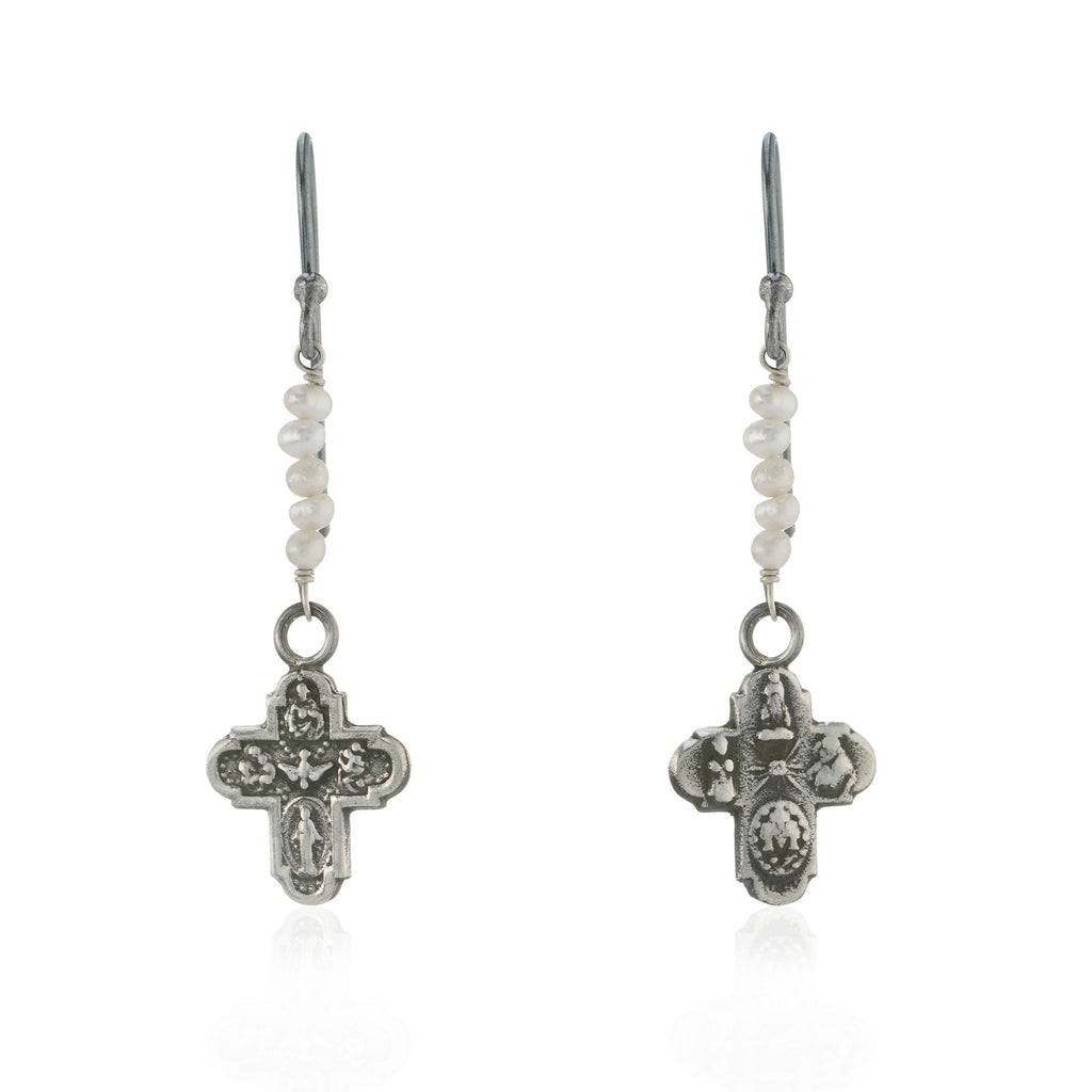 WDTS Tiny Cross and Pearl Drop Earrings