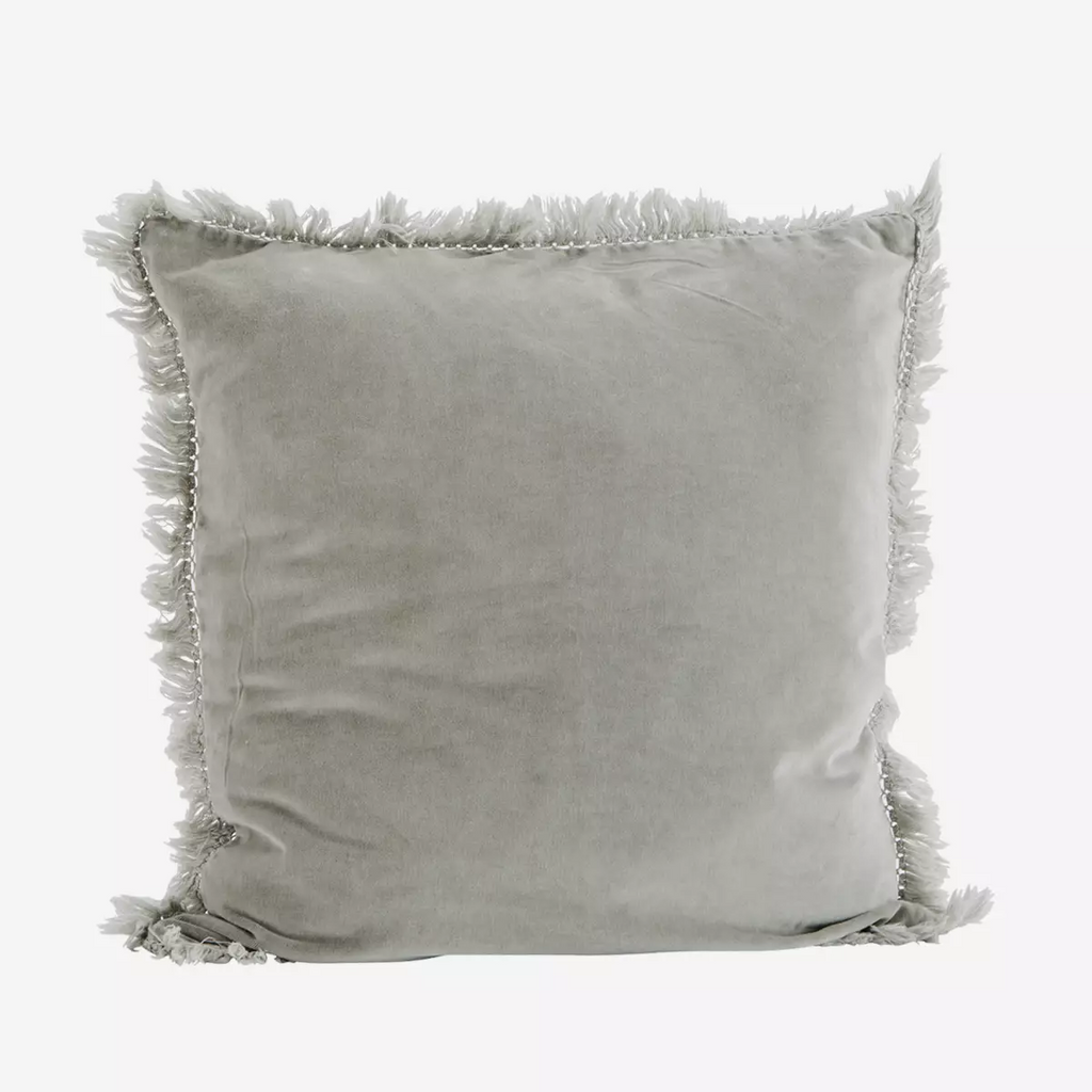 Velvet cushion cover w/fringes, light grey