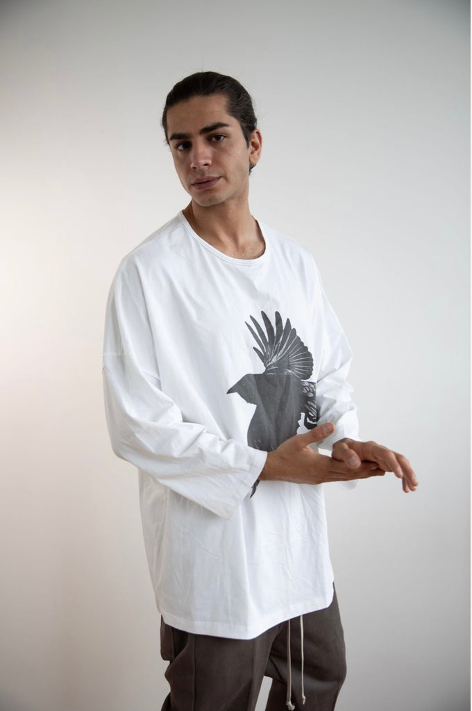 WDTS Asymmetric Oversized Jersey Heron Crow Print