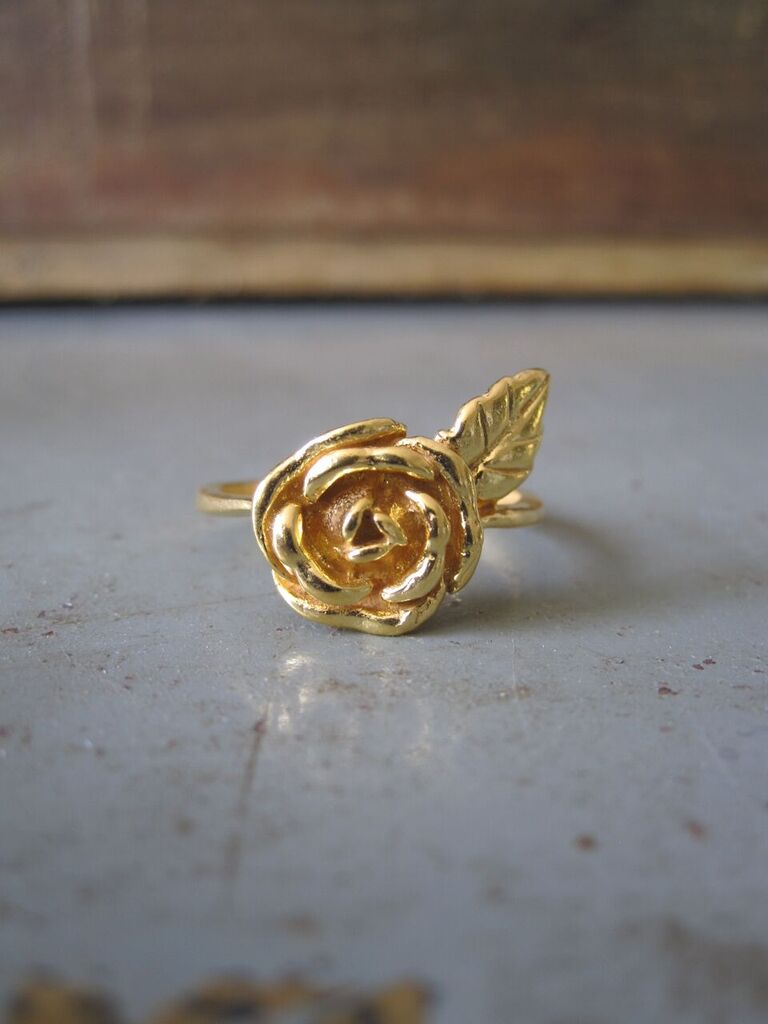 925 silver rose and leaf ring - Gold plated