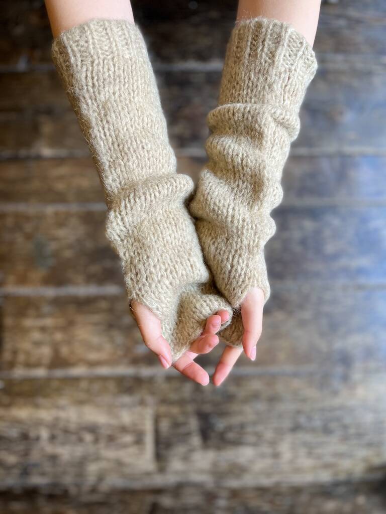 WDTS - Long Arm warmers in Light Beige Mohair Wool