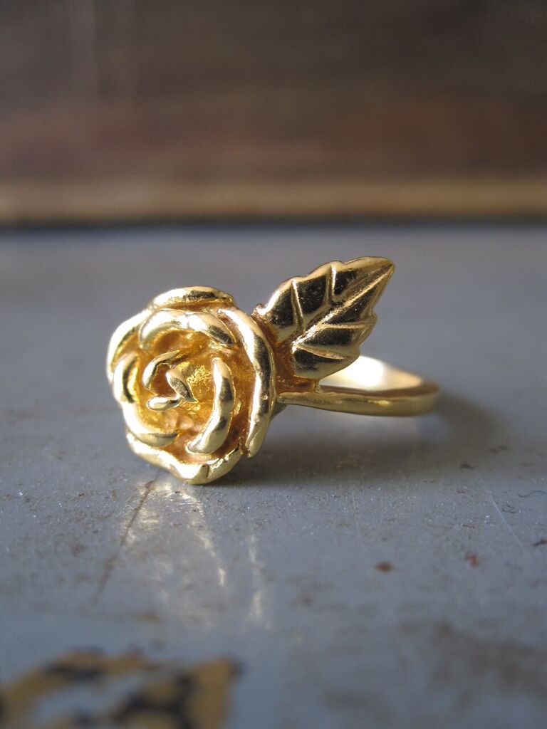 925 silver rose and leaf ring - Gold plated